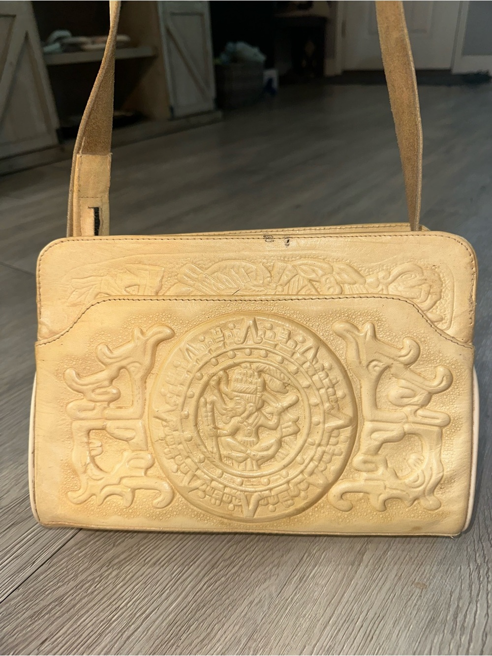Vtg 70s Rockabilly Tooled Embossed Leather Mayan Mexican Tote Purse Bag Ivory